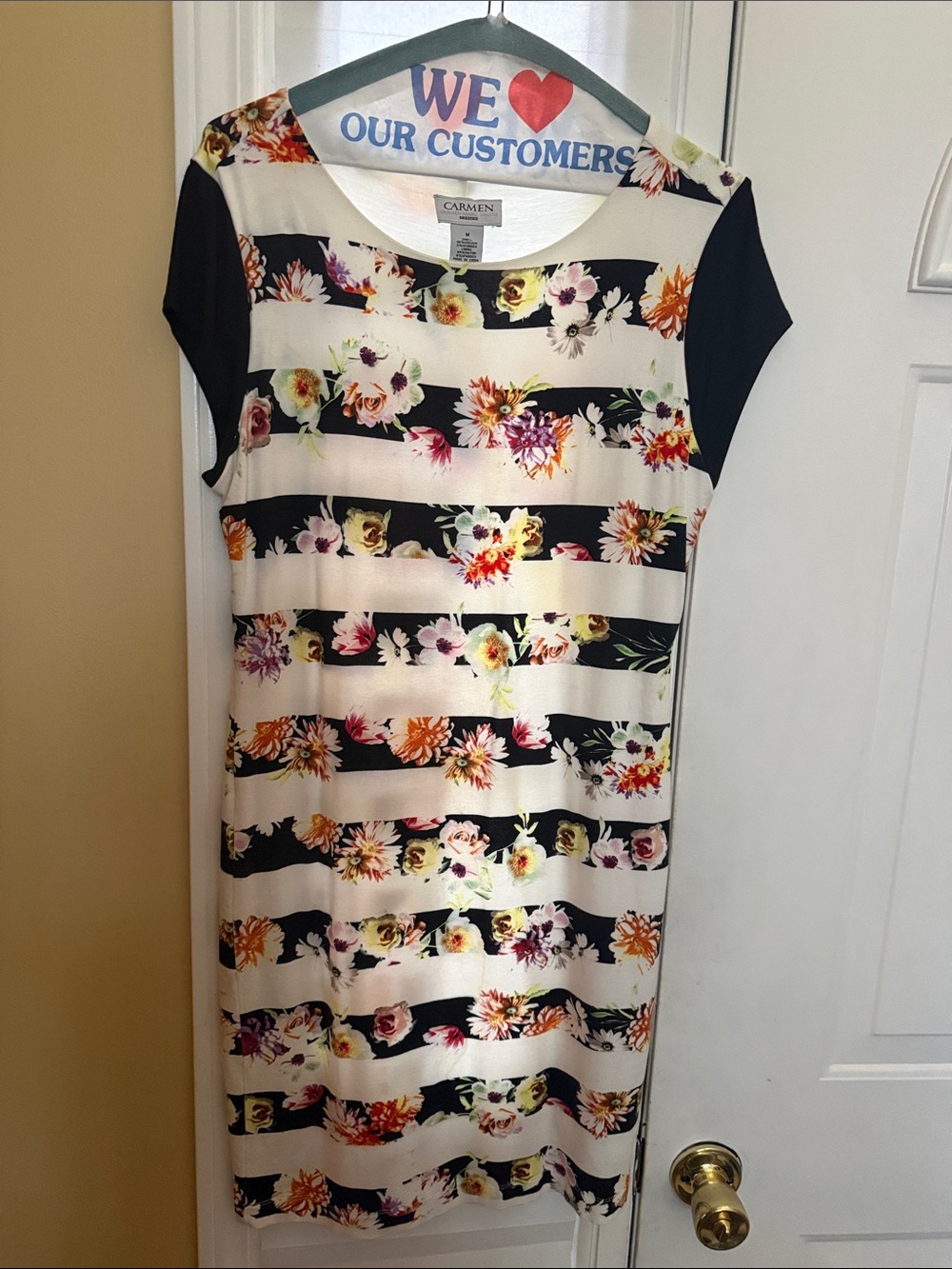 Carmen Marc Valvo Black & White Striped Floral Knee Length Dress